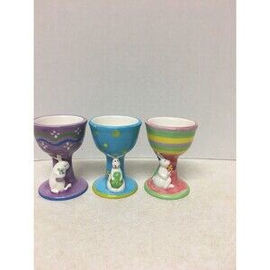 3 Porcelain Ceramic Egg Cup Holder Bunny Easter Eggs Spring Time Fun
